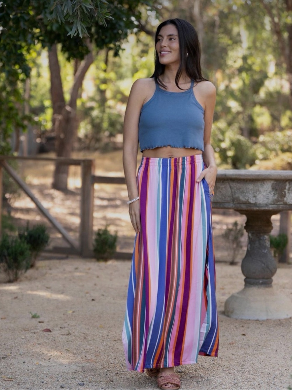 Shebird Cabana Striped Maxi Skirt with Elastic Waist and Built-in Shorts
